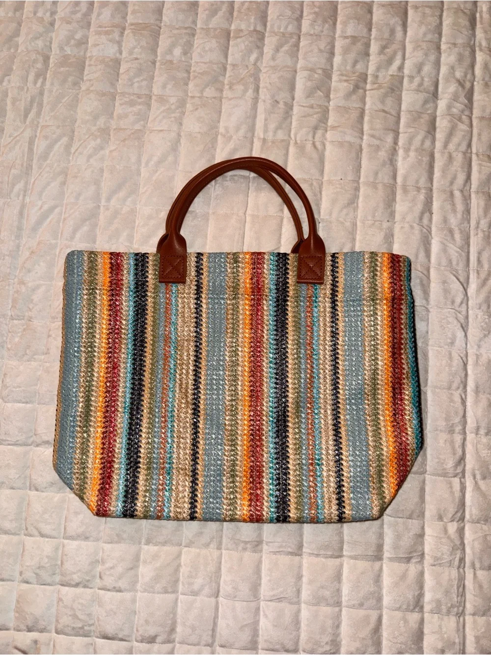 Multicolor Striped Straw Tote with Brown Handles - TOTE BAG